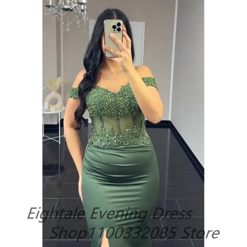 Customized Army Green Mermaid Evening Dresses Beaded Off Shoulder Slit Party Gown Fitted Arabic Prom Dress