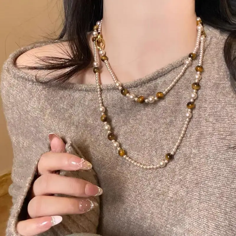 Vintage Maillard Natural Tiger Eye Stone Choker Necklace For Women Stackable Neck Beaded Chains Jewelry Gift