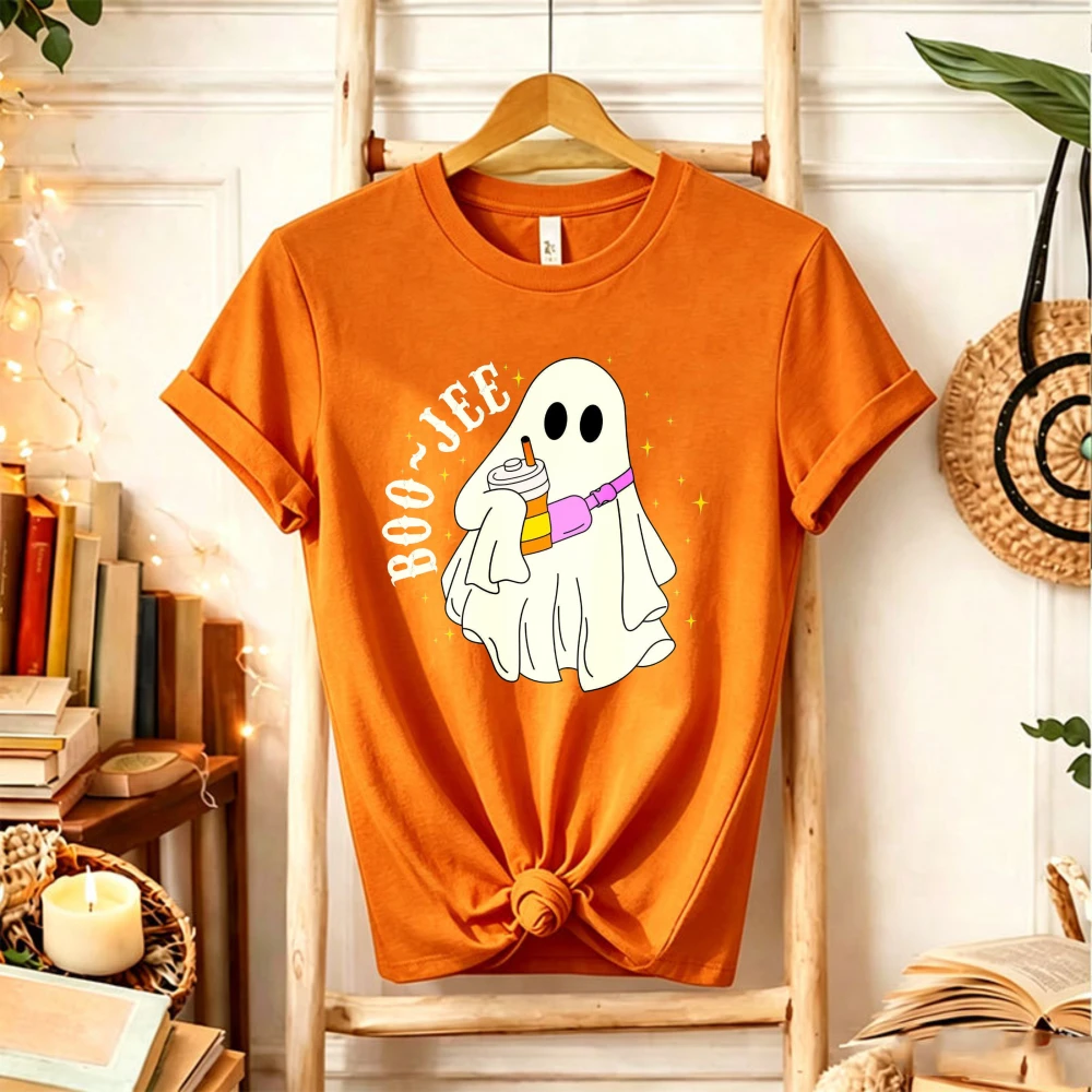 Boo‑Jee Ghost Graphic T‑Shirt Men Women Cute Ghost with Iced Coffee Candy Retro Spooky Halloween Holiday Party Casual Daily Tops