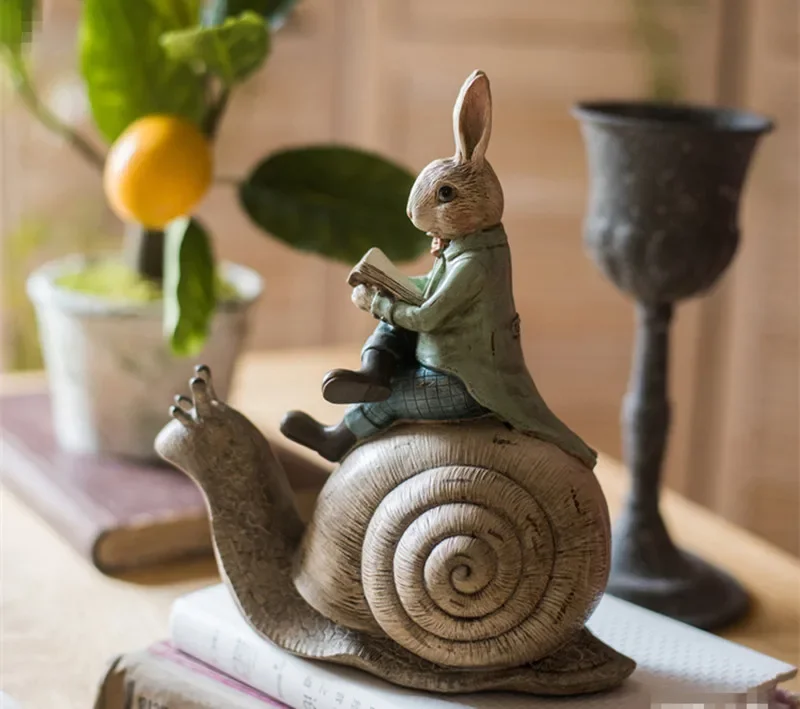 Mgt-creative resin sculpture, rabbit reading, riding a snail, home garden decoration crafts, living room decoration statue