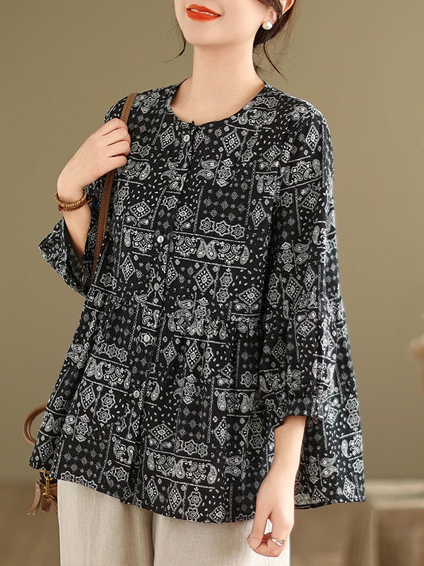 

Loose Doll Print T-irt f Sve round Ne Top for Women Commute Sle Spring Summer Casual Wear Regular Length