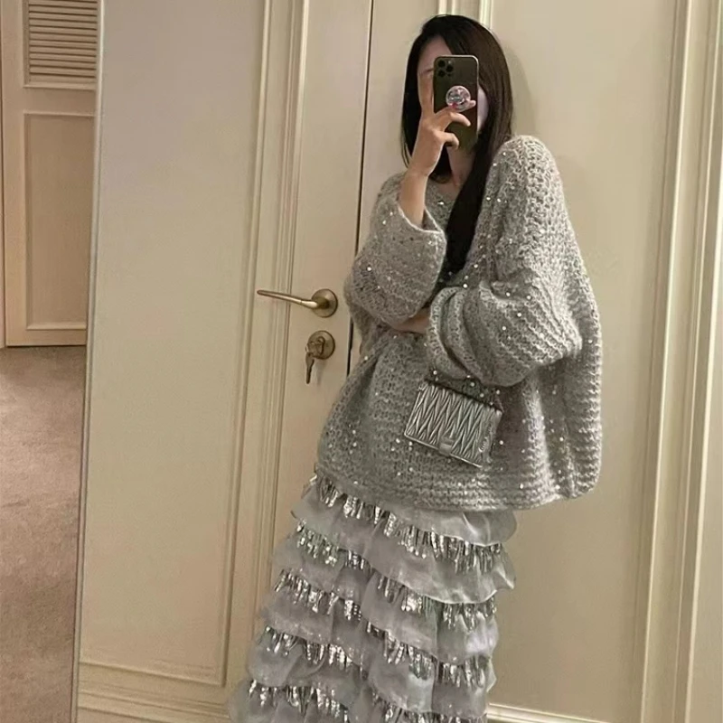 Vintage Sequined Women's Wool Sweaters Elegant Long Sleeve Loose Cashmere Jumper Female Oversized Loose Knitted Pullover K717