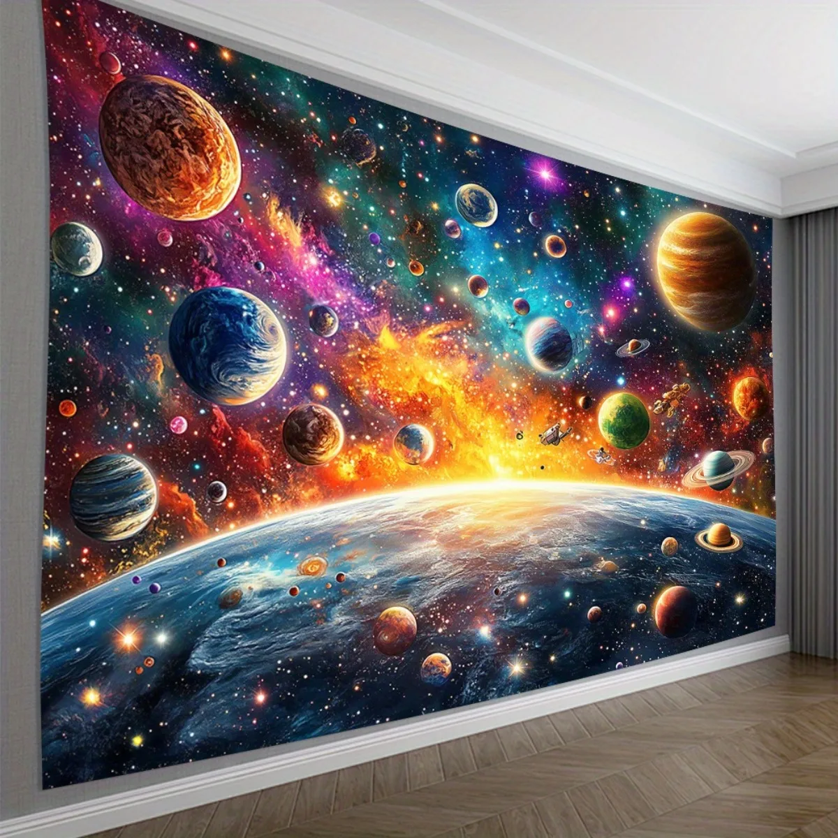 Cosmic Galaxy Tapestry,Vibrant Print with Colorful Planets, Nebula & Earth View from Space,Wall Hanging for Bedroom,Sci-Fi Decor