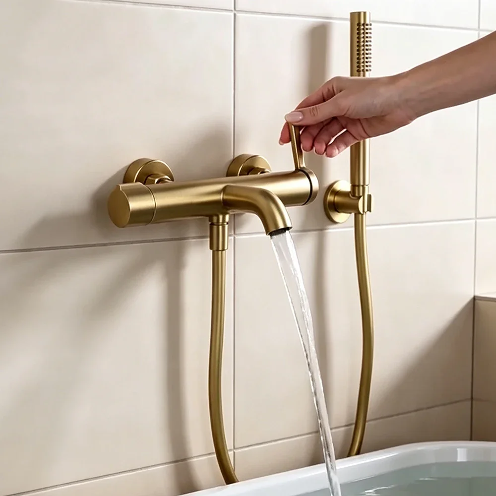 Round Elegant Bathroom Bathtub Faucet with Handheld Shower Head and Downward Water Spout Brushed Rose Gold, Gun Grey, 5 Colors