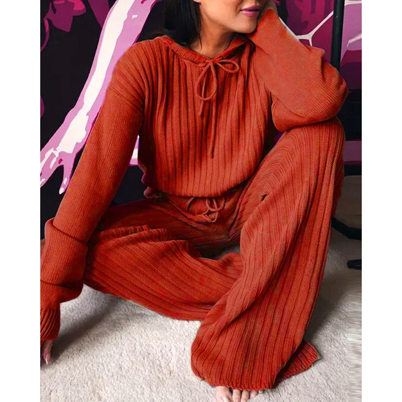 Fashion Long Sleeve Knitted Pant Sets Women Autumn Winter Home Casual Comfortable 2 Piece Sets Women Outfit Two Piece Set
