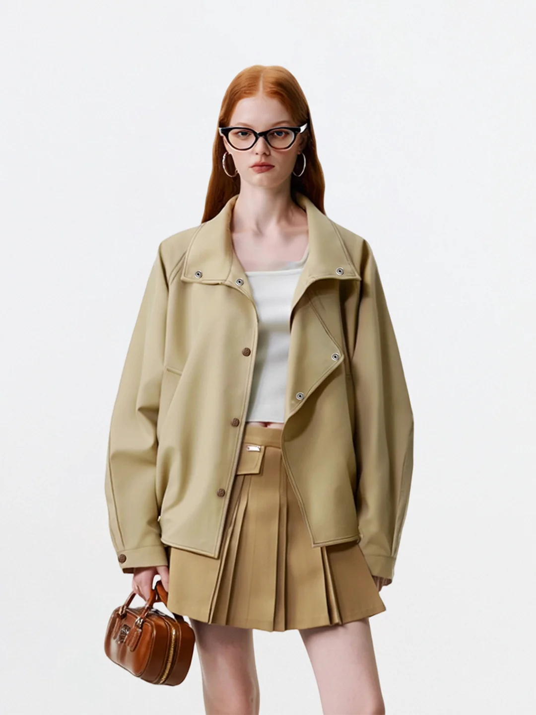 

AHMI Autumn Winter New Sle Women's Khaki Coat with oulder Insertion And Stand Collar Korean Version Commute Polyester Fiber