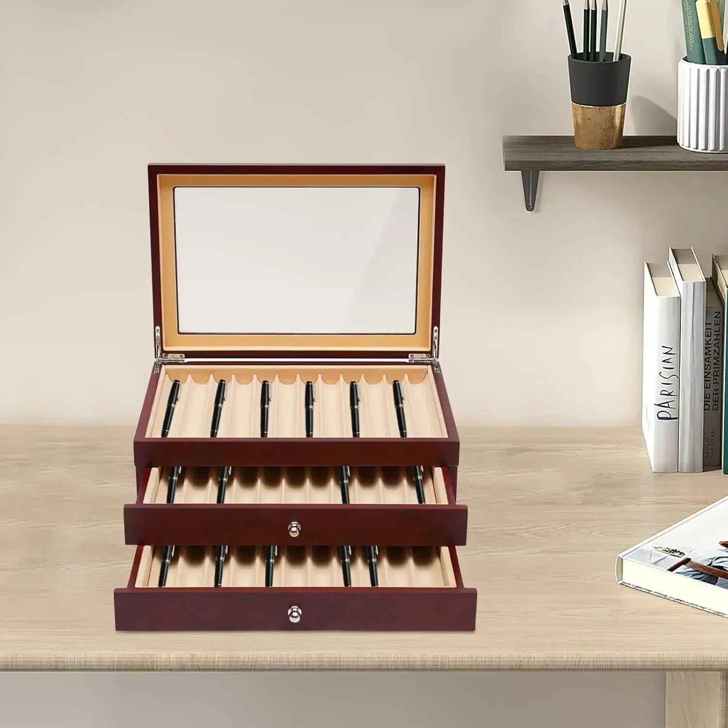

34-Pen Storage Box, 3-Layer Fountain Pen Organizer, Wooden Pen Display Case with Glass Window, Suitable for Shop or Home