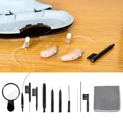 13pcs Hearing Aid Cleaning Brush Kit Ventilation Rods Screwdrivers Brush Vent Cleaner Triple Magnifying Glass with Organizer Bag