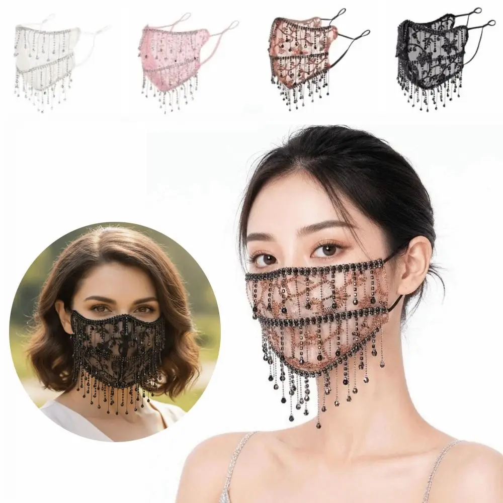 Elegant ademend bling gezichtsmasker met strass steentjes en kwastjes, damessluiermasker, stofdicht, zonwerend mesh masker met kwastjes voor dagelijks gebruik.