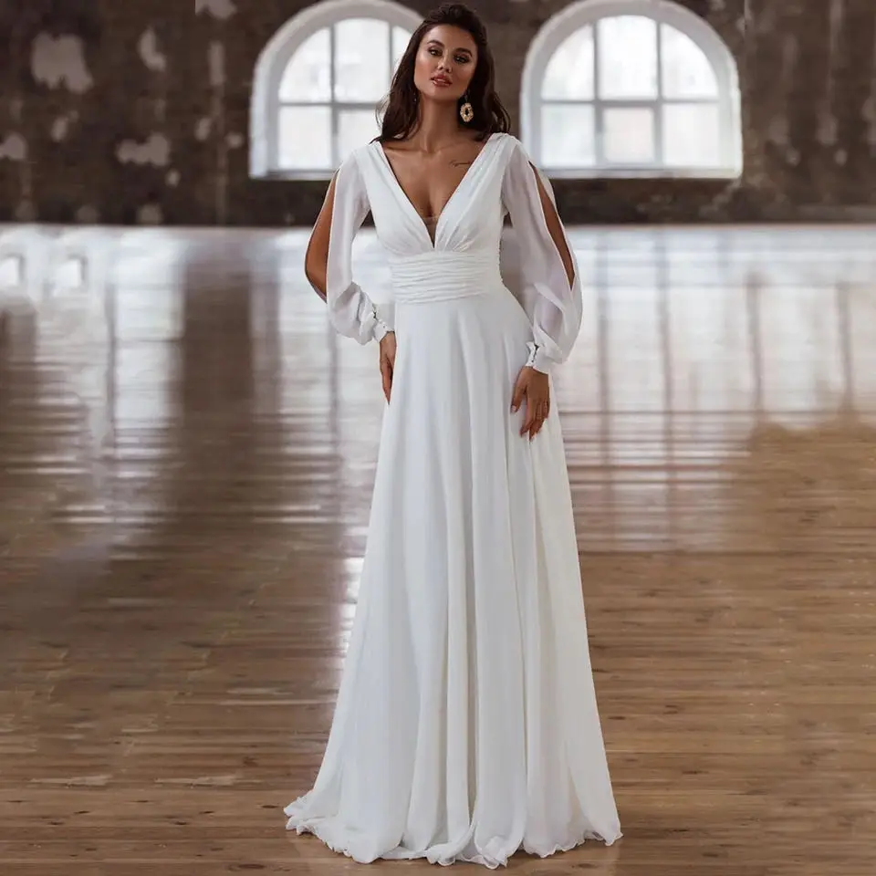 

Simple Long Sleeves Boho Wedding Dresses V Neck Sexy Backless Beach Chiffon Bridal Gowns Sweep Train Robe De Soiree De Mariage