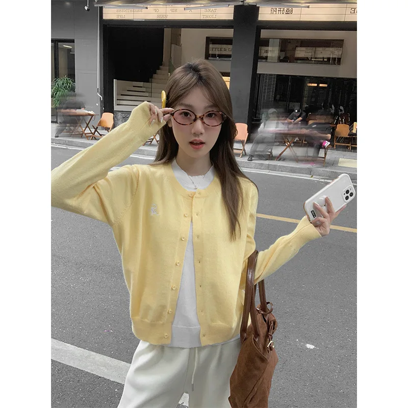 

Yellow Sweet Long Sleeve Knitted Cardigan Sweater Women's Coat 2026 Autumn Winter New Fake Two-Piece Unique Stunning Top