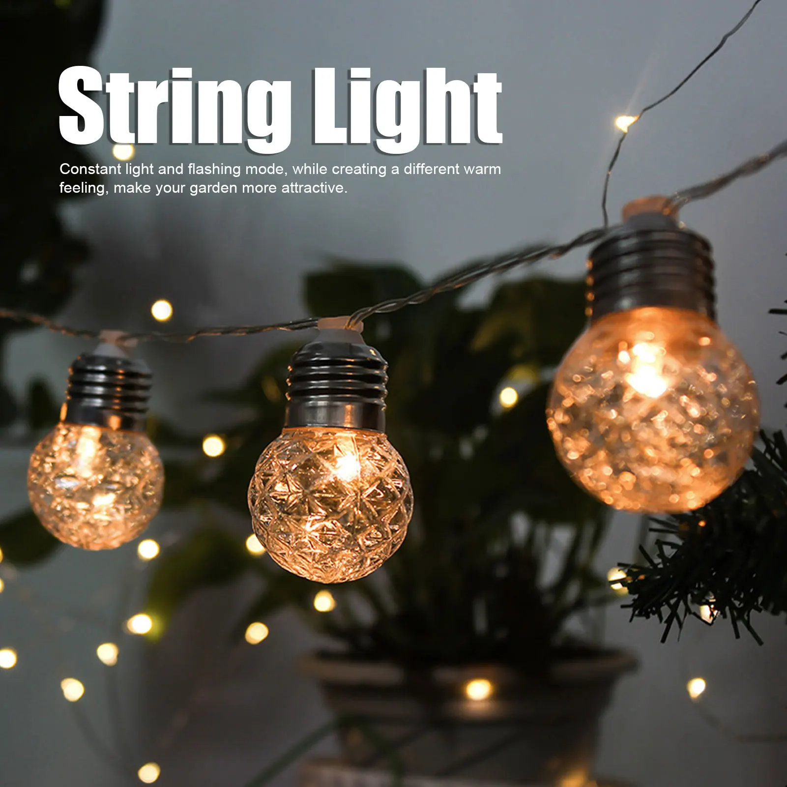 Solar Power String Lights, Waterproof, Dual Mode, Outdoor, Garden, Festival Decoration, 20 LEDs