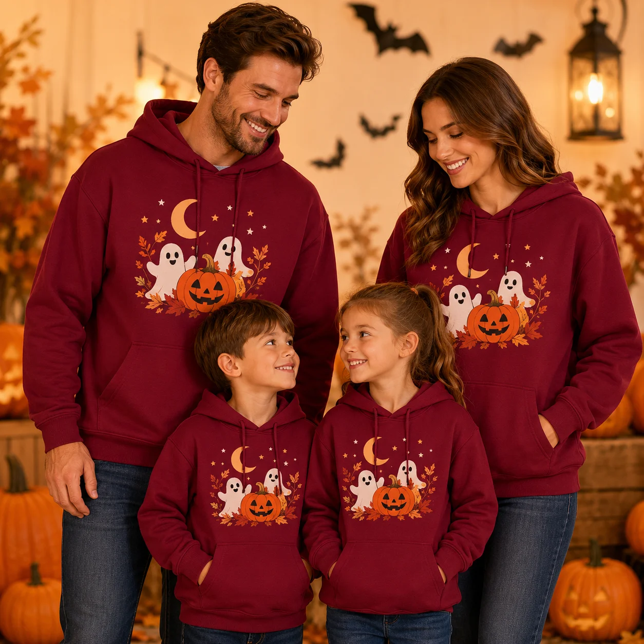 Family Matching Halloween Hooded Sweatshirt Ghost Pumpkin Print Pullover Autumn Spooky Party Outfit Halloween Family Photo Tops