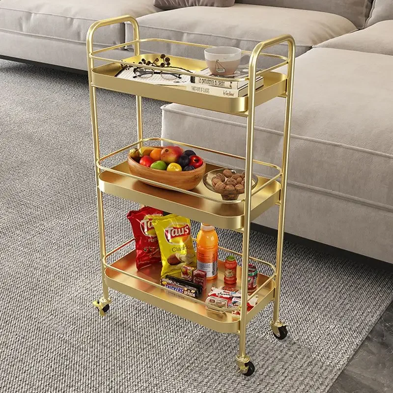 Living Room Sofa Side Light Luxury 3-layer Shelves Toys Snacks Small Cart with Wheels Movable Storage Trolleys Kitchen Islands