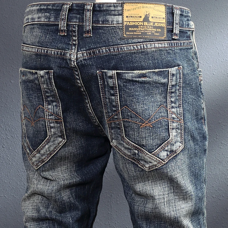 新作デザイナーファッションメンズジーンズレトロブラックブルーストレッチスリムフィットリップドジーンズメンズ刺繍パッチY2Kヴィンテージデニムパンツ