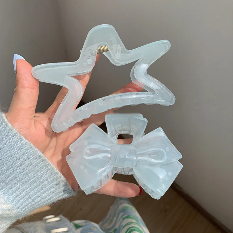 Милый кремовый синий бант, заколка для волос с пятиконечной звездой, женская заколка для волос с геометрическим узором, женские элегантные заколки в виде краба с бантом, аксессуары для волос