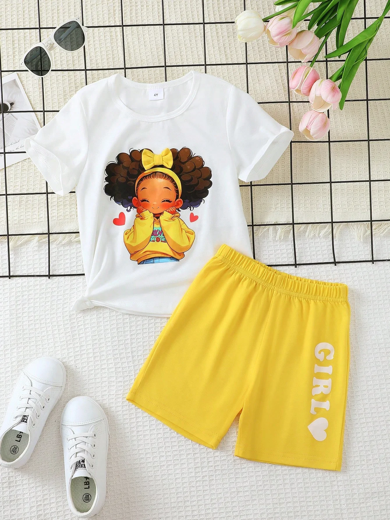Summer  4-7  Years  Old  Cool  Girls  Short-Sleeved   Little  Girl  Print  Top  And  Shorts  Casual  2-Piece   Set