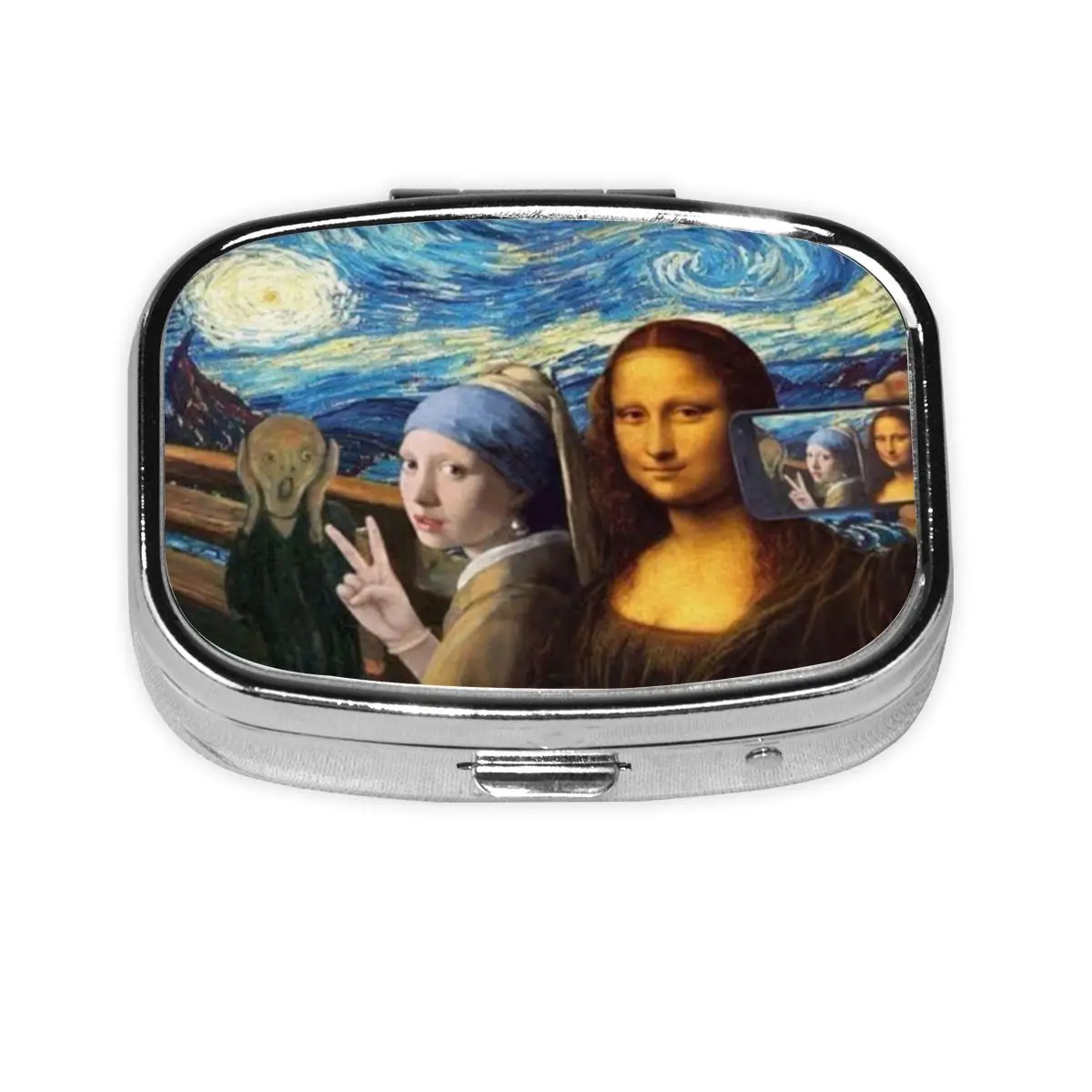 

Звездная ночь Моны Лизы и Винсент Ван Гог Металлическая коробка для таблеток Компактная художественная живопись Контейнер-органайзер для таблеток с 2 отделениями