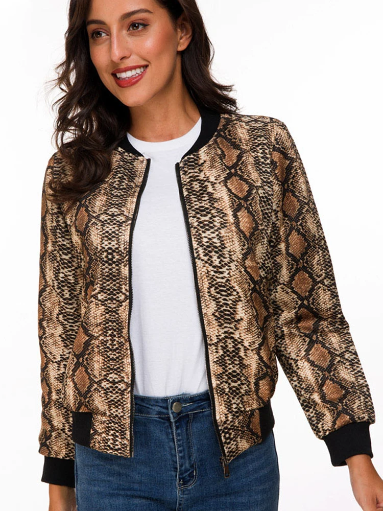 Vangull Snake Skin Print Jacket Women O-Neck Zipper Closure Sreetwear Coat Spring New Long Sleeve Casual Baseball Jackets