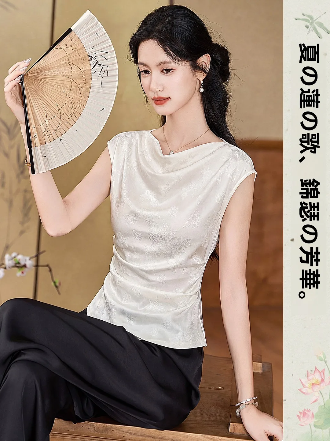 

Xin Fei Yu Retro Beige T-Shirt Sleeveless Casual Breathable Women's Top Soft Comfortable Summer New Style Printed Cotton Blend