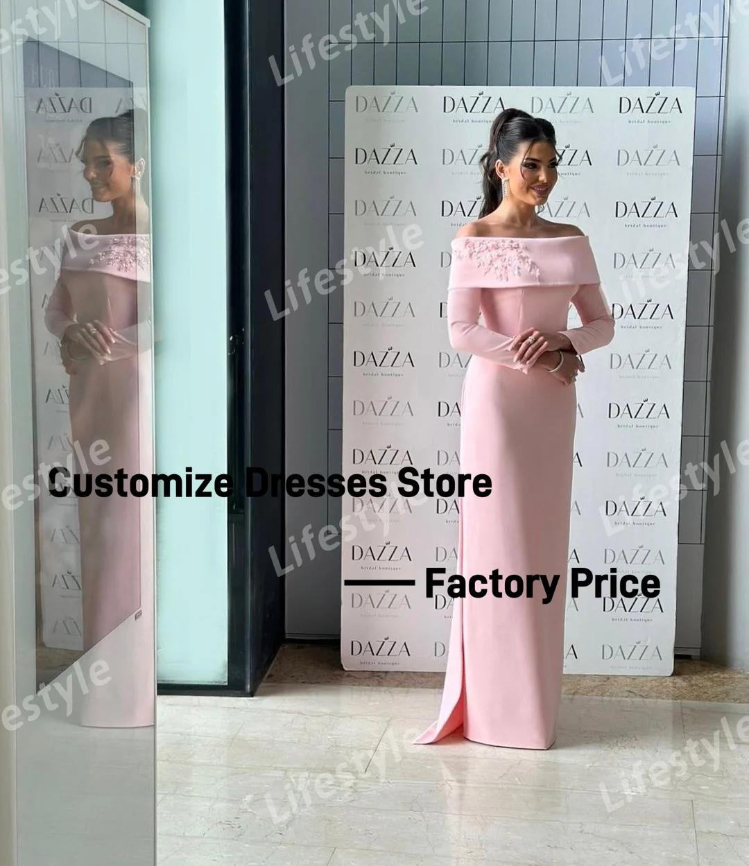 Customized Off Shoulder Beads Floral Appliques Long Sleeves Prom Dress Pink Elegant Evening Dresses For Wedding Party Gown