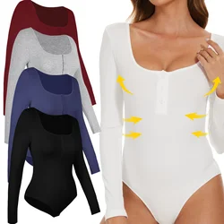 Women Round Neck Body Shaper Long Sleeve Shapewear Sexy Ribbed Bodysuit Front Button Compression Fitness Tummy Control Outfit