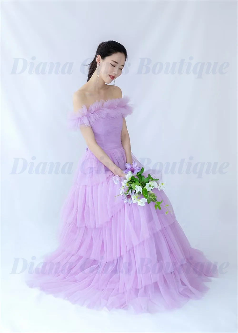 Lavanda exquisito vestido de regreso a casa alto/bajo sin hombros, vestido de fiesta de banquete de graduación, Vestidos de Noche de tul escalonados de moda