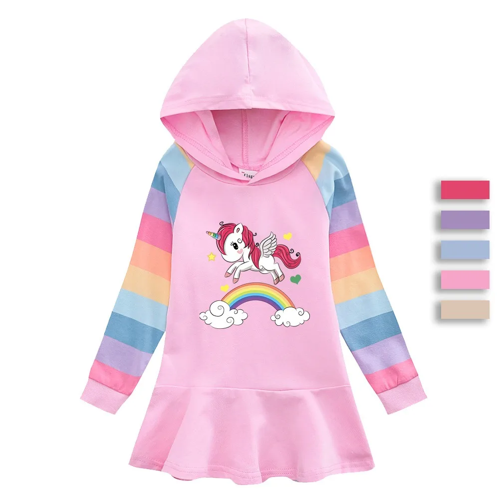 

Unicorn Quality Cotton Girls Dress Clothing 2024 New for Children Pink Long Sleeve Kids Blue Clothes Hooded 2-8Y