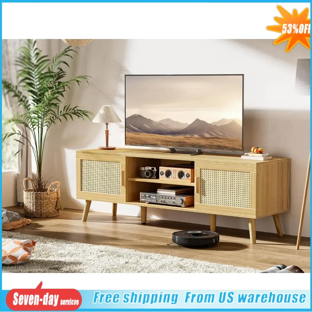 

Rattan TV Console With 2 Cabinets Entertainment Center With Adjustable Shelves Solid Wood Feet for Living Room 4 Wire Holes Home