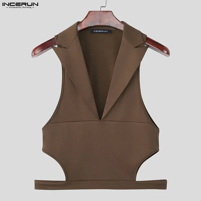 

INCERUN мужские топы на бретелях однотонные мужские жилеты без рукавов с лацканами уличная сексуальная летняя мода повседневные укороченные топы мужские