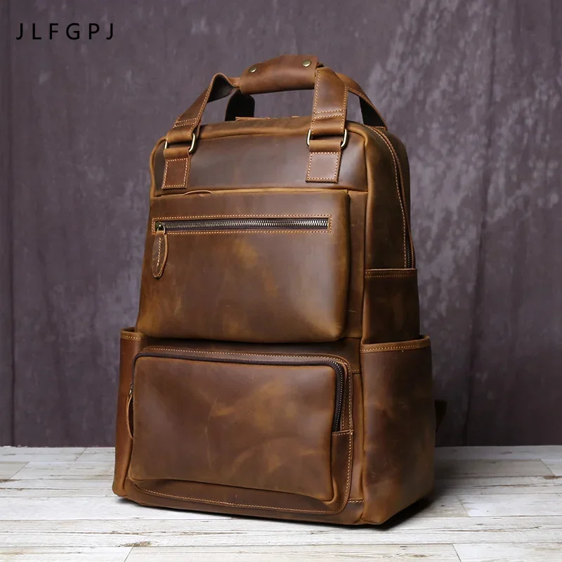 

Handmade Vintage Crazy Horse Leather Large Capacity Backpack Men's Genuine Cowhide Business Travel Computer Bag