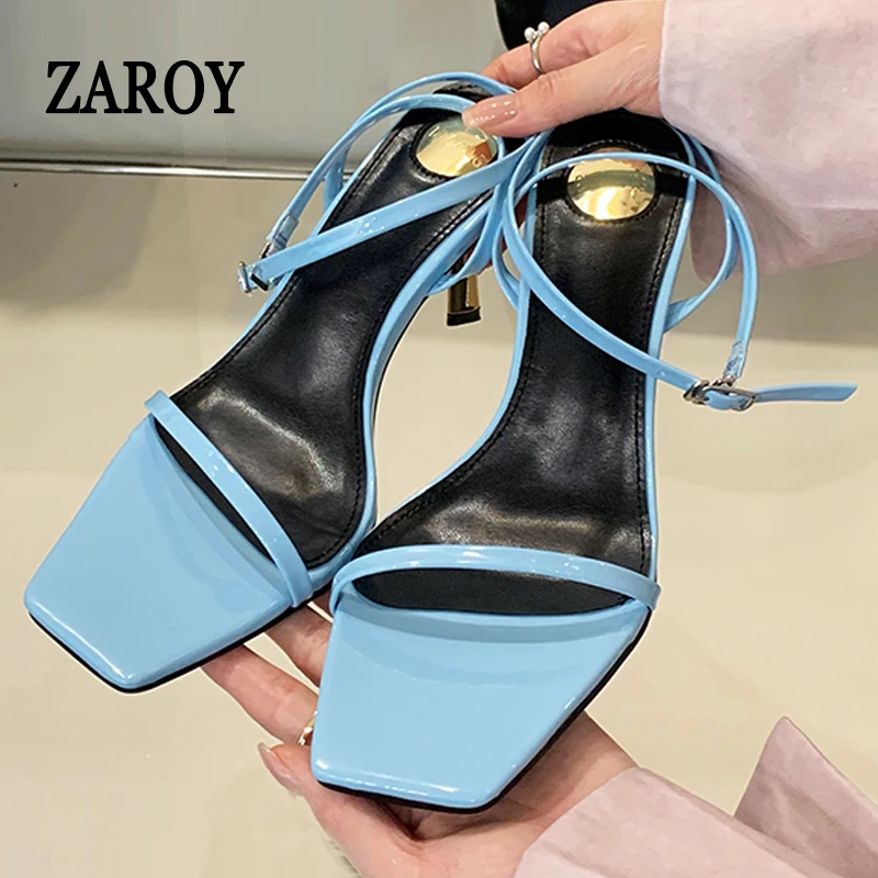 

Thin High Heel Women Sandals Patent Leather Narrow Band Ankle Strap Pumps Square Open Toe Banquet Dress Brand Sandalias каблуки