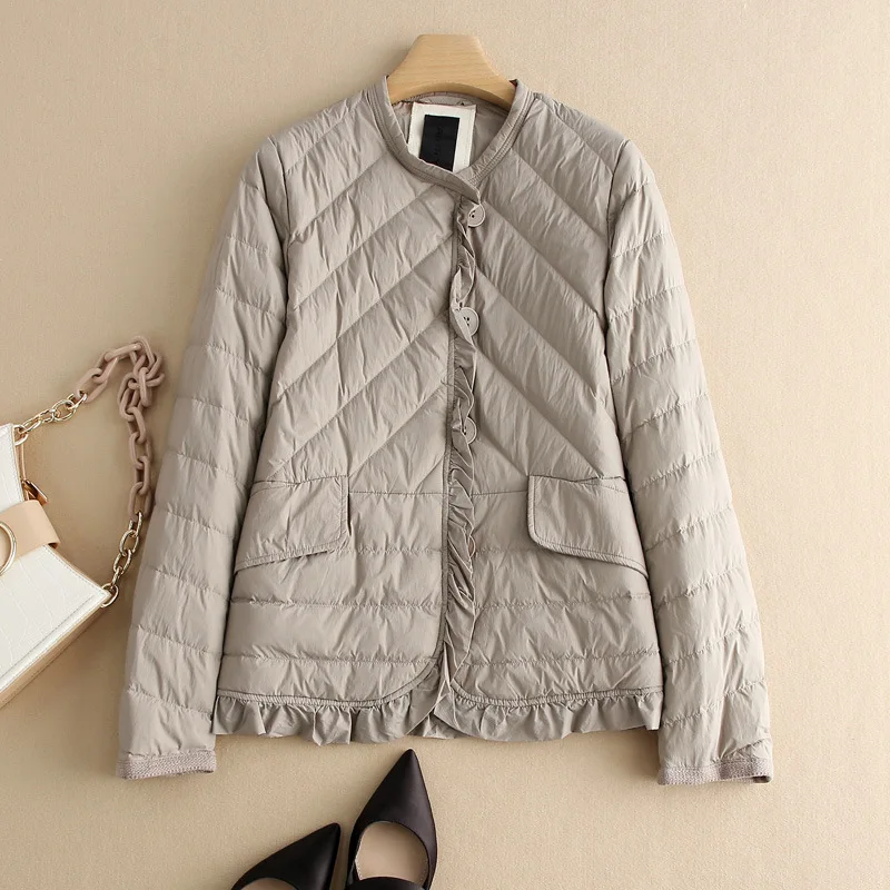 2023 New Autumn Winter Warm Down Coat Women Ruffles Light White Duck Down Jacket Ladies Casual Slim Puffer Parkas Short Outwears