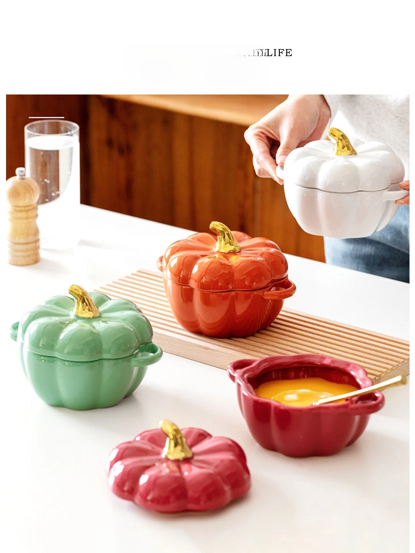 

Tlife Drizzly Ceramic Bowl with Lid for Kitchen Use Nordic Style Double Ear Bowl Smooth Bright Glaze for Daily Use