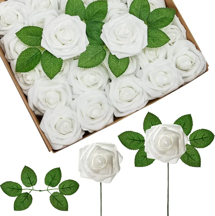 

Artificial Flowers, 100 Pcs White Foam Fake Roses Bulk with Stems for Decoration DIY Wedding Bouquets Centerpieces Bridal Shower