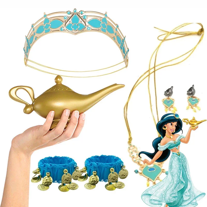 Princess Jasmine Costume Play Accessory Vintage Crown Necklace Earrings Aladdin and Magic Lamp Genie Party Props for Kids