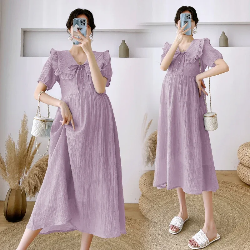 Vestido de maternidade plissado com pescoço o, roupa de gravidez, roupas de verão, elegante, linha a, mulheres grávidas, doce adorável, moda coreana, 2024