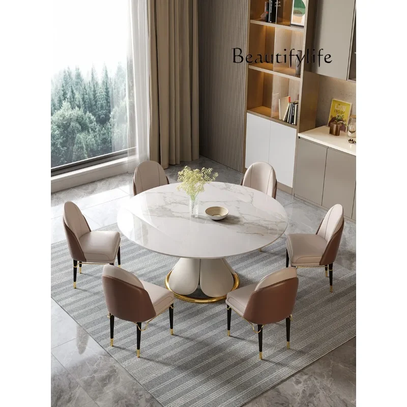 Stone Plate Dining Table Folding Rotatable Retractable Table Dining Chair Combination round  Light Luxury Dining Table