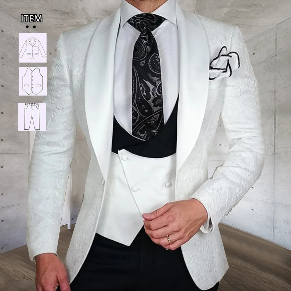 

White Floral Wedding Suits For Men 3 Pieces Formal Men's Tuxedo Tailor-Made Groom Wear Blazer Vest Pants Male Fashion Clothing