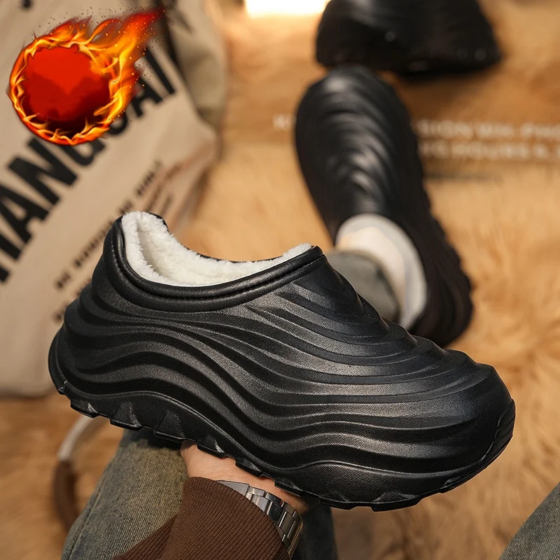 Wave-Patterned Slippers for Men and Women, with Fleece Lining, Eva One-Piece Waterproof Thick Sole, Non-Slip, Suitable for Autumn and Winter, for Home and Outdoor Use, Warm Cotton Shoes