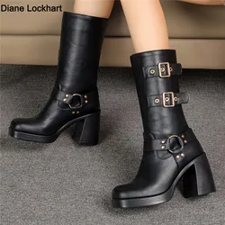 Brand Autumn Winter Ladies Motorcycle Booties Black Gothic Style Cool Punk Buckle Mid-Calf Boots Comfy Platform Hight Heels