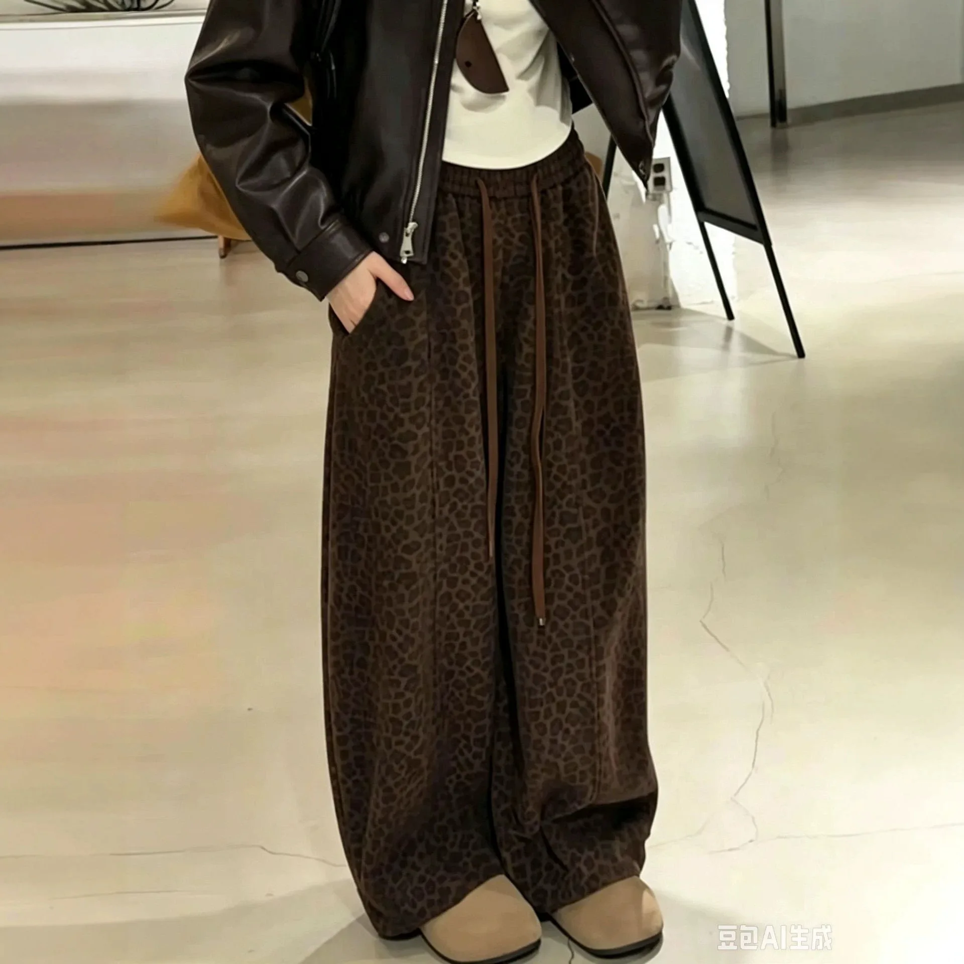 Solid wide leg pants women in autumn new Korean lazy style corduroy herringbone pattern wide leg casual long pants