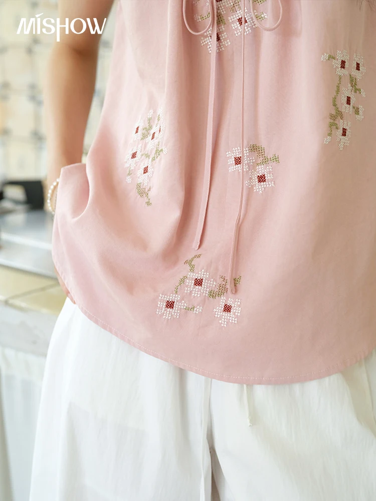 MISHOW Fashion Embroidery Flower Blouses for Woman 2025 Summer O-Neck Lace Up Flying Sleeve Lace Spliced Loose Top MXE39X1880