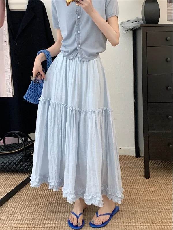 

Spring Summer New Sweet Pure Color A-Line Midi Skirt with Wood Grain Splicing Large Flounce Women's High Waist Skirt