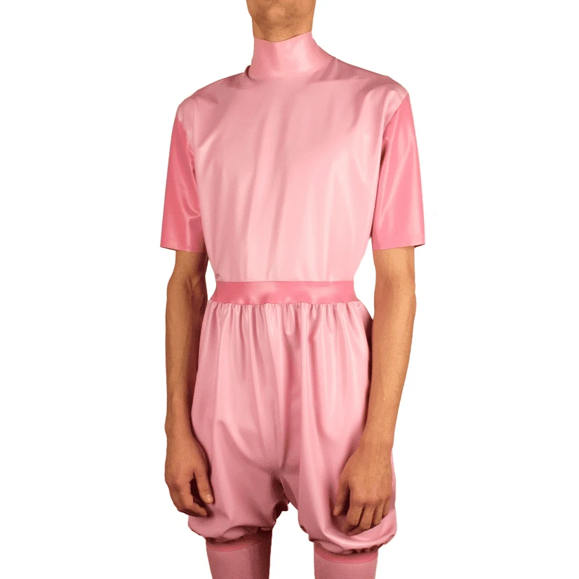 

Two Pink Color Sexy Latex Romper With Bloomer Bottom Back Zipper Half Sleevs Rubber Catsuit Zentai Overall Bodysuit Jumper 346