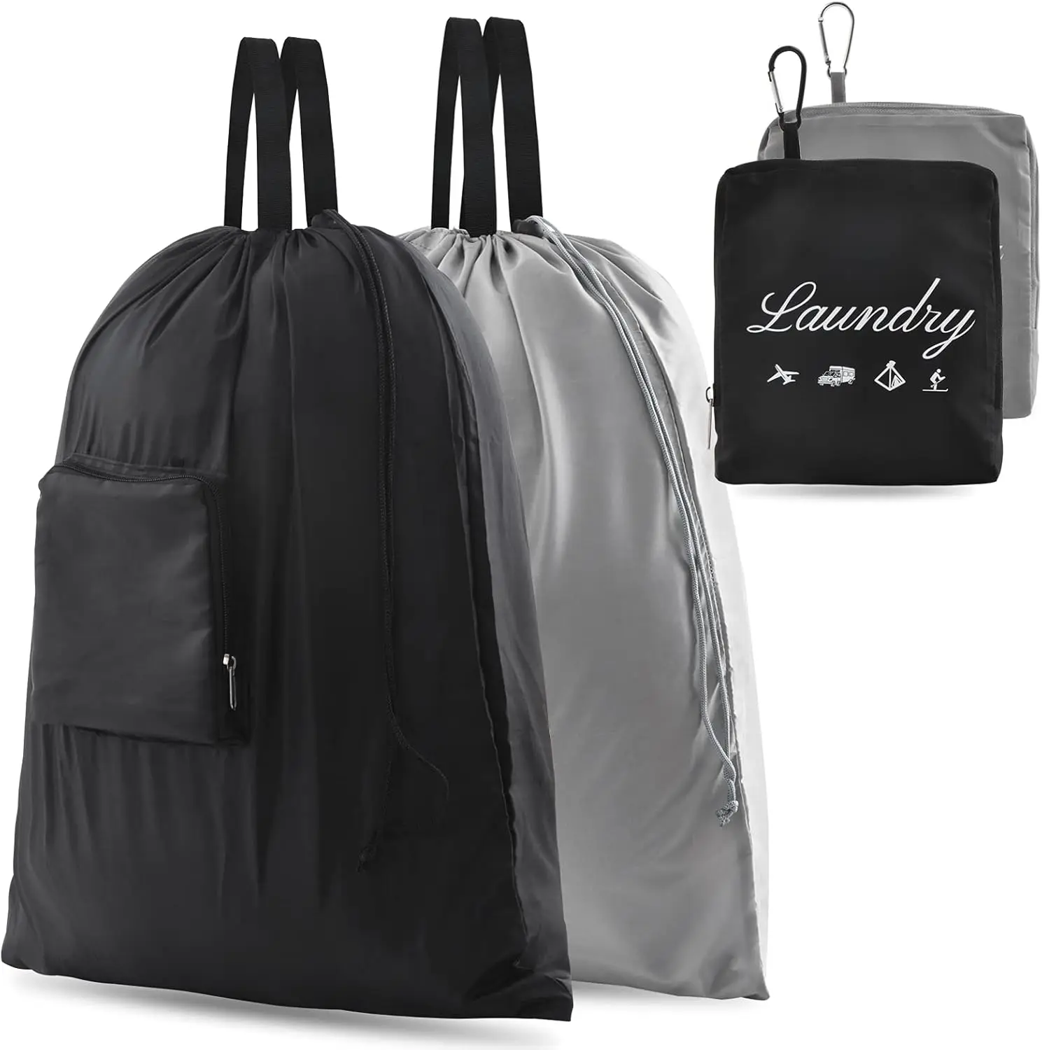 

2 PcsTravel Laundry Bags, Dirty Clothes Organizer【Upgraded】with Handles and Aluminum Carabiner for Travel, Camp, Fitness, a
