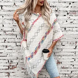 YJKDYK Autumn Winter Women's Colorful Striped Knitted Tassel Cape Shawl Sweater Female Casual Warm Knitwears Women's Clothing