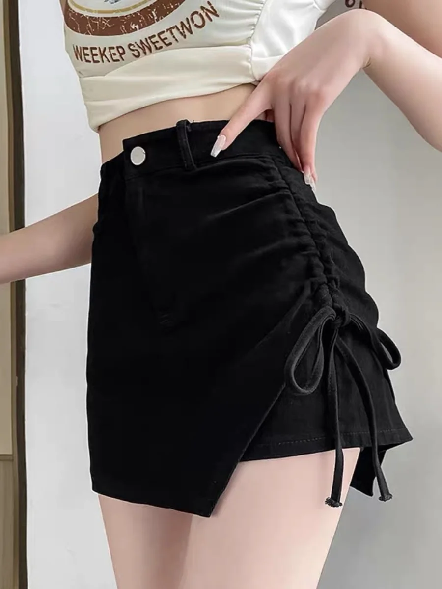 Hoge taille A-lijn rok voor dames in Bla Zomer Afslankende geplooide asymmetrische ort-rok Koreaanse Sle Pendelen