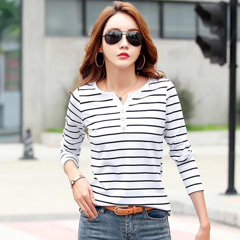 Cotton T-Shirt Women Long Sleeve Striped T Shirt Fashion 2023 Spring Autumn Female Clothes Top Tee Lady V-neck Tops 7215