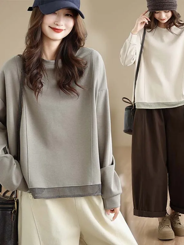 Casual Long Sleeve round Neck T-Shirt Women's Pure Color Grid Splicing Cotton Blend Comfortable Fit Autumn Winter New Arrival